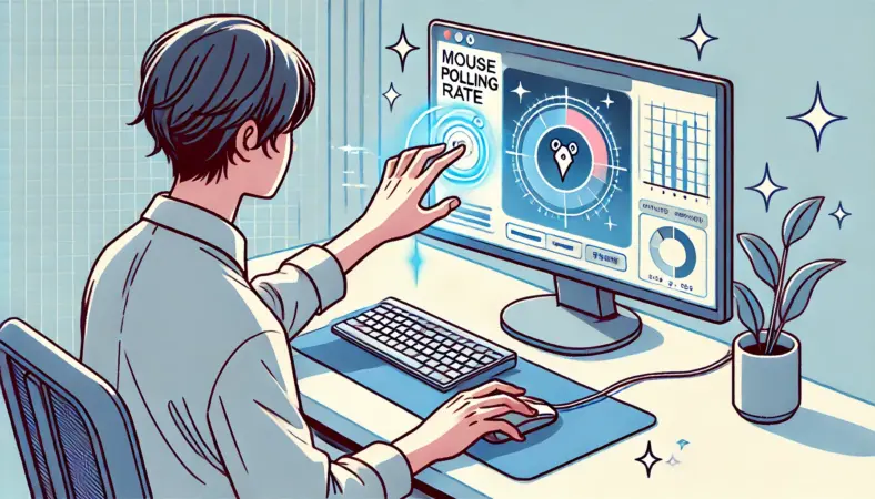 ブラウザ上の測定ツールでマウスのポーリングレートをチェックする日本人ゲーマーのイラスト