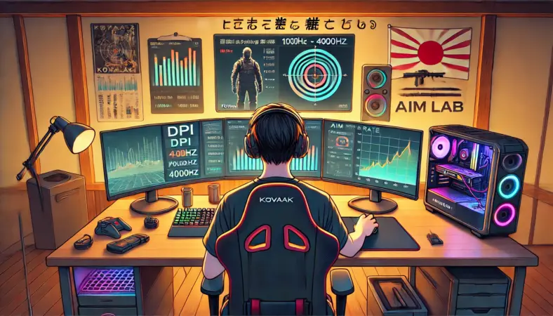 プロゲーマーがトレーニングルームでゲーミングマウスの設定(DPIやポーリングレート)を調整しながら、Aim Labのようなエイム練習ツールでスコアを確認している様子のイラスト。落ち着いたRGB環境とデュアルモニターが特徴。