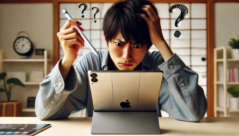 iPad A16にApple Pencil Proを装着したものの動作せず、困惑する日本人の表情を捉えた、非対応の状況が分かるシーン。
