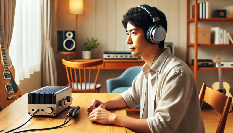 自宅のデスクで、有線オーバーイヤーヘッドホンを使い、ヘッドホンアンプ経由で高音質音楽を楽しむ日本人男性。落ち着いたホームスタジオ環境が、有線ヘッドホンの音質優位性を強調している。