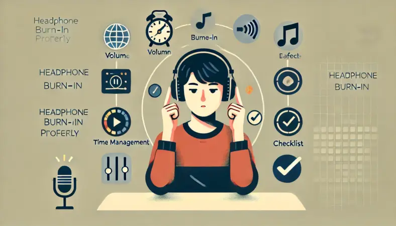 デスクに座ってヘッドホンを調整する日本人の人物と、音量や再生時間、音楽再生、チェックリストを示すアイコンが描かれた、安全で正しいエージング手法を示すイラスト