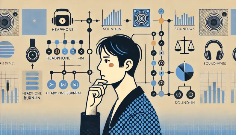 エージングに関する判断フローを眺めながら考え込む日本人男性のイラスト。バランスや音波を示す抽象的なアイコンが周囲に描かれている