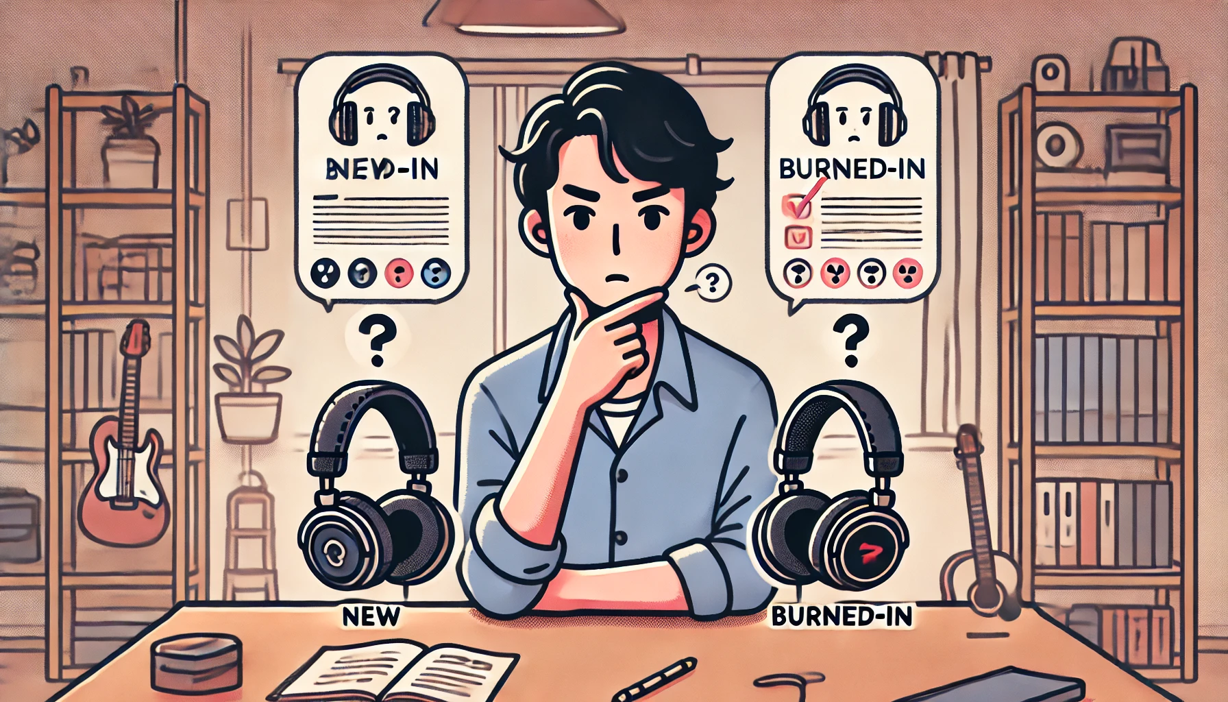 新品とエージング済みのヘッドホンを比較しながら試聴している日本人男性のイラスト。頭上には疑問や注意を示すアイコンが浮かんでいる