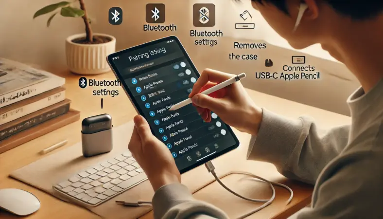 日本人がApple Pencil（USB-C）とiPad A16のペアリング不良を解決するため、Bluetooth確認やケースを外して接続テストしている様子