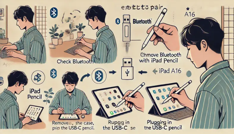 日本人がiPad A16とApple Pencilを正しくペアリングするために、Bluetoothの確認やカバーの取り外し、USB-C接続を行っている手順の様子。