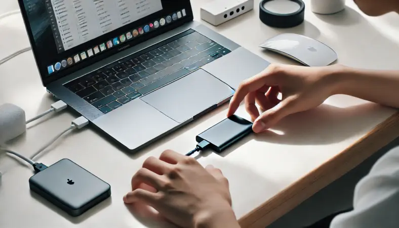 MacBook風ノートにポータブルSSDを接続して外部ストレージを活用する日本人ユーザー。コンパクトなSSDがデスク上に配置され、容量不足をスマートに補っている様子