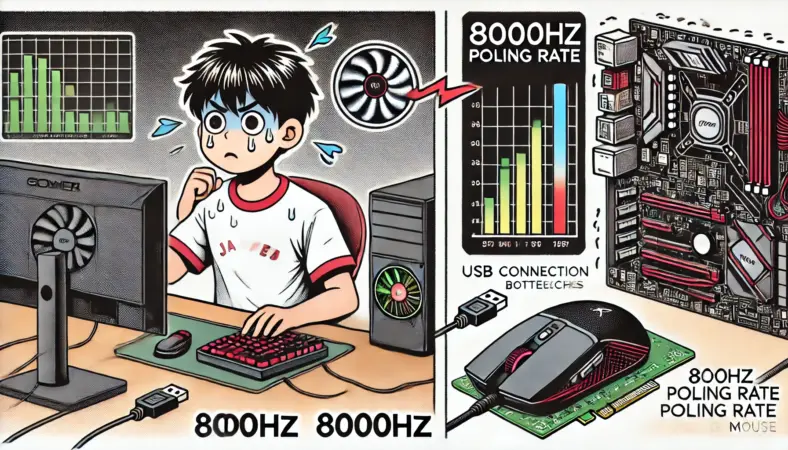 高ポーリングレート(8000Hz)使用中にFPSが低下して困惑する日本人ゲーマーのイラスト。CPU使用率や温度の上昇、USB接続の負荷がビジュアルで表現されており、対照的に1000Hz側はスムーズな動作を示している。