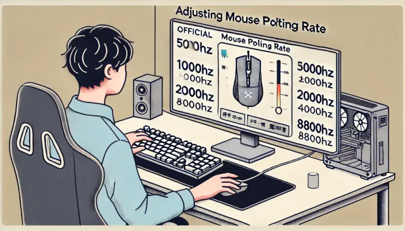 ゲーミングソフトウェアでポーリングレートを500Hzから8000Hzまで段階的に設定している日本人ゲーマーのイラスト