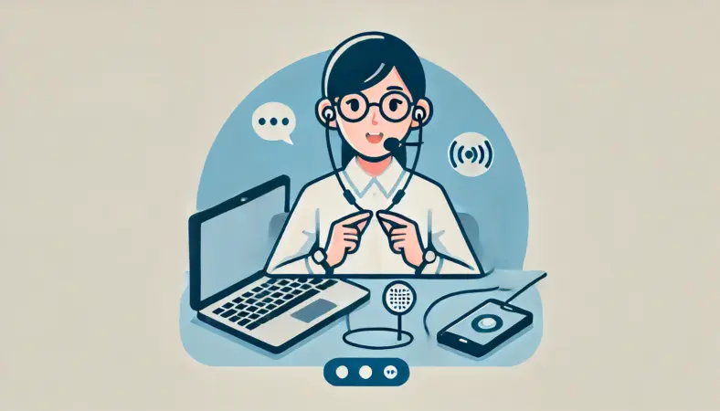 有線マイク付きイヤホンでWeb会議に参加している日本人ユーザーのイラスト。通話の安定性とマイク性能を重視している様子が描かれている。