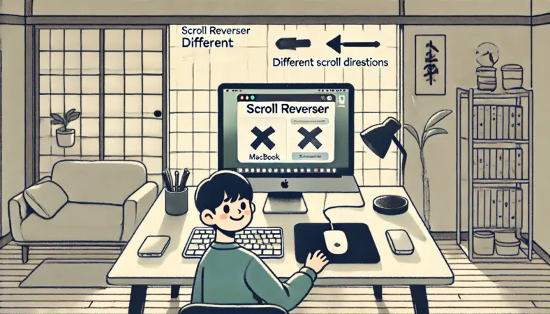 マウスのスクロール方向だけを変更したい日本人が、Macで専用アプリを使って設定を調整している場面のイラスト。落ち着いた部屋で設定を確認中。