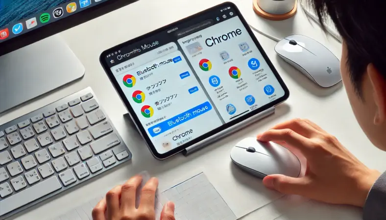 iPadにBluetoothマウスを接続してChromeを効率的に操作する日本人ユーザー。マウスを使ってテキスト選択やタブ操作を行うシーンで、清潔感のあるデスク環境とスタンド使用が描かれている。タッチ操作よりも快適な操作性を視覚的に表現。