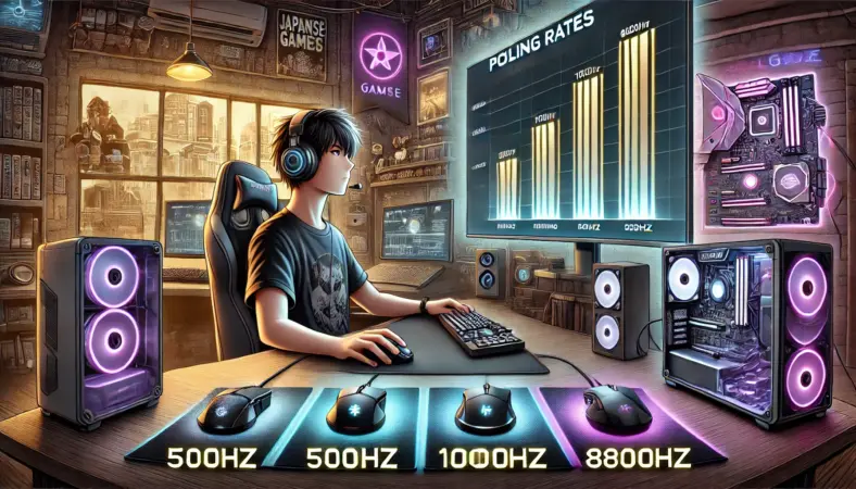 ゲーミングルームで異なるポーリングレートのマウス性能を比較する日本人ゲーマーのイラスト。LEDライトが輝く中、複数のマウスと性能グラフを用いてテスト中の様子が描かれている。