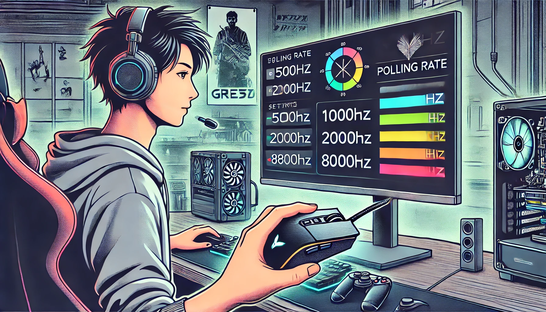 ハイエンドなゲーミング環境で、FPSゲームを背景にポーリングレート設定を調整する日本人ゲーマーのイラスト