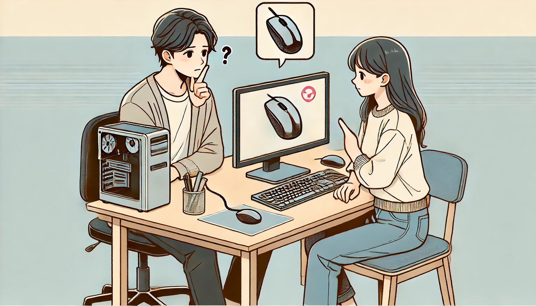 デスクトップPC前でマウスの不調を確認する日本人男性が、自宅の机で真剣な表情でマウスを観察しているイラスト