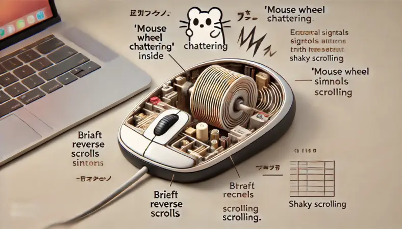 マウス内部のロータリーエンコーダを見せる断面イラストで、ホイールチャタリングの仕組みと信号の乱れを視覚化している図。