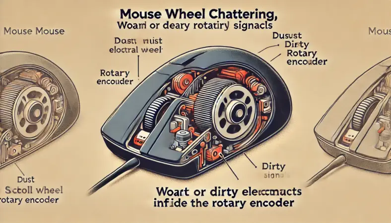 マウスの内部構造を断面図で示し、ロータリーエンコーダの接点にホコリや摩耗が蓄積している様子を描いた教育的イラスト。マウスホイールチャタリングの原因となる信号の乱れが視覚的に表現されている。