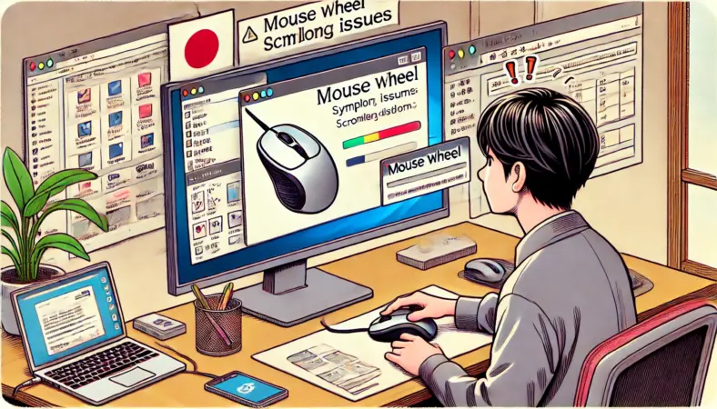マウスホイールの異常な動作をチェックしている日本人ユーザーのイラスト。スクロール時の上下動などの不安定な挙動を観察する場面。