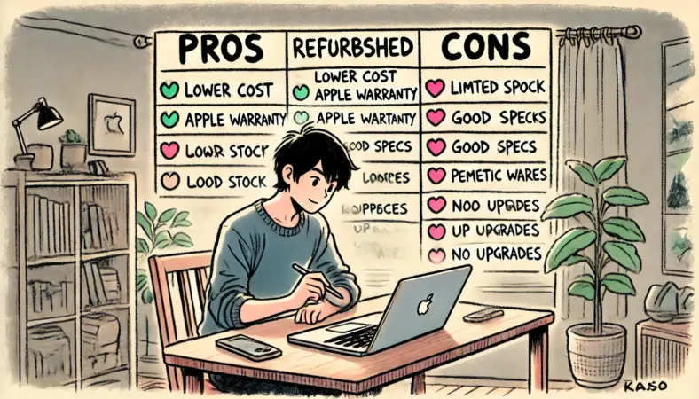 日本人の若者が自宅の机で、MacBook整備品のメリットとデメリットを一覧にして整理している様子。コストや保証といった利点と、在庫不安定や外観の個体差などの注意点を視覚的に分けて考えている場面