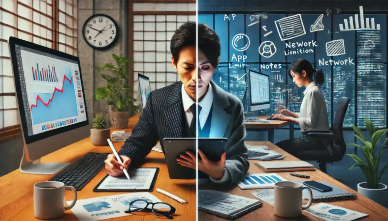 iPadを使って仕事がスムーズに進む場面と、制約や使いにくさで困っている場面を対比させた日本人ビジネスパーソンのシーン。iPadの利点と限界を視覚的に表現。