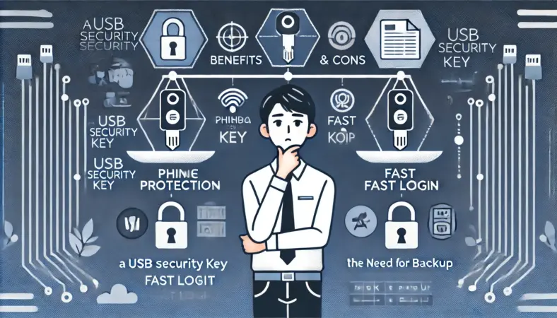 USBセキュリティキーの利点と欠点を比較しながら、使用するかどうかを慎重に考えている日本人のイラスト