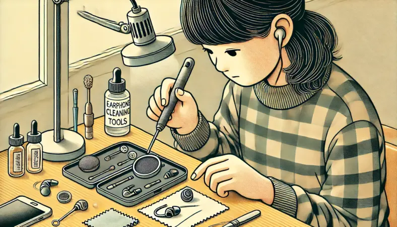 日本人の人物がイヤホンのメッシュ部分に付着したゴミを、専用のクリーニングペンやブラシで丁寧に取り除いている様子を描いたイラスト。綿棒や拡大鏡などが整然と置かれた明るい作業スペースでメンテナンス作業を行っている。