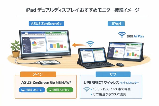 iPadとモバイルモニターの接続イメージ：USB-C有線で安定、ワイヤレスでとりあえず表示の使い分け