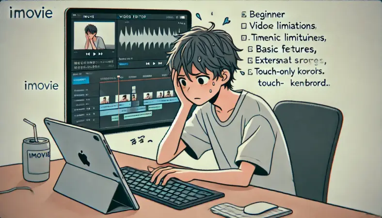 多層のタイムラインと音声・エフェクトが重なり、処理負荷で動作が重くなったiPadに苛立つ日本人の動画編集者。周辺機器なしで作業することでパフォーマンスが悪化している様子。