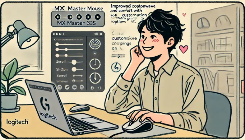 MacBookとロジクールのMX Master 3Sのような高性能マウスを使いながら、作業効率よく快適に仕事を進めている日本人ユーザーのイラスト。カスタマイズされたマウス設定が生産性向上に貢献している様子。
