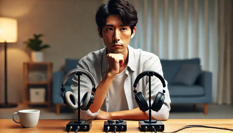 自宅のデスクで、有線ヘッドホンとワイヤレスヘッドホンを見比べながら、音質と使い勝手を比較している日本人男性。落ち着いた環境で、ロスレス再生の必要性を考えているシーン。