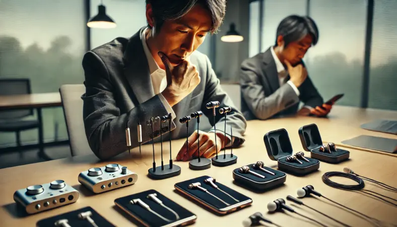 静かな室内で、複数の有線・ワイヤレスイヤホンを比較しながら最適なロスレス対応機種を検討する日本人男性。スマートフォンとUSB DACも並び、真剣な選定の様子がイヤホン選びのポイントを示している。