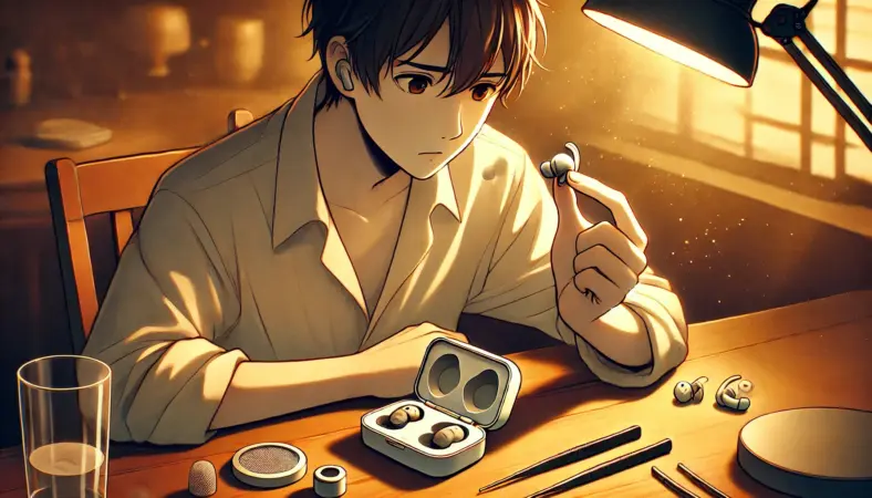 ワイヤレスイヤホンのフィルターが取れた状態を慎重に確認する日本人の人物が、ツールや予備パーツと共に机で点検している様子を描いたイラスト。