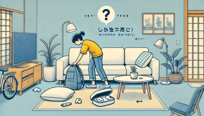 自宅のリビングで、ソファのクッションを持ち上げたり、ベッドの下を覗いたり、バッグの中身を出してワイヤレスイヤホンのケースを真剣に探している日本人の様子。
