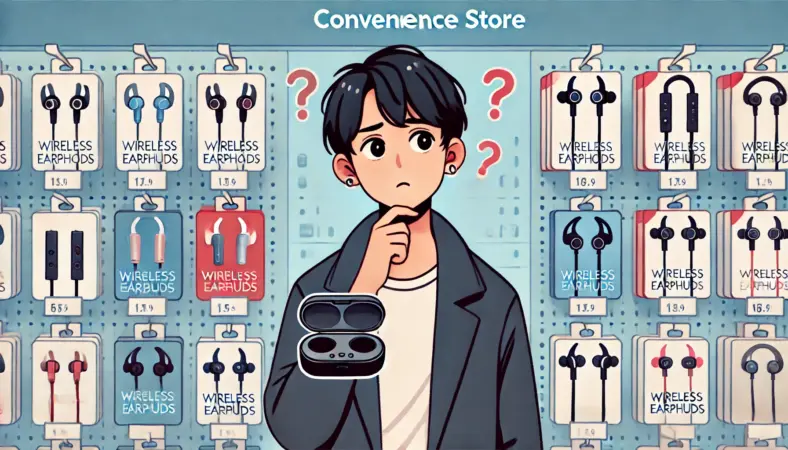 コンビニで複数のワイヤレスイヤホンを比較し、品質に悩む日本人ユーザーのイラスト。製品ごとの当たり外れがあることを示唆している場面。