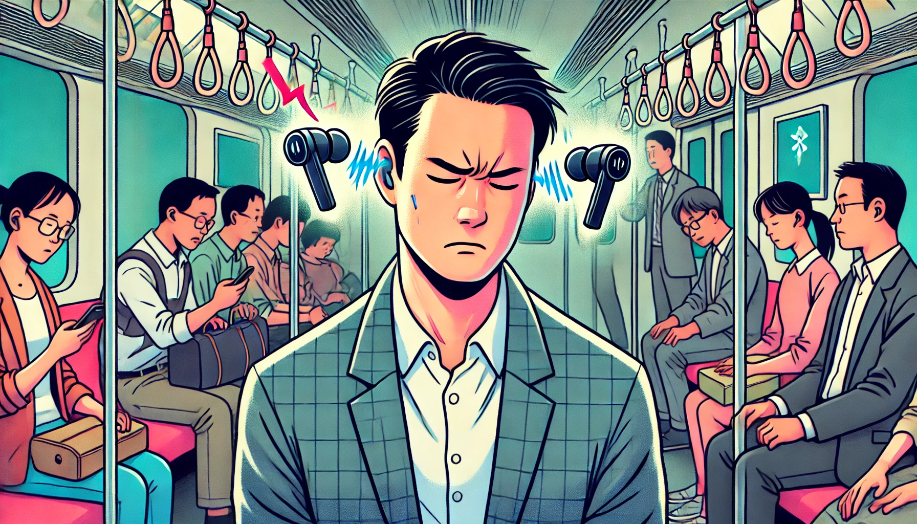 通勤電車内でBluetooth接続が不安定な格安ワイヤレスイヤホンに悩む日本人男性のイラスト。周囲の混雑した環境と不快な表情から、音の途切れや接続トラブルによるストレスが表現されている。