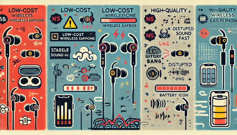 安価なワイヤレスイヤホンと高品質モデルの機能比較を描いたイラスト。左側には接続不良やバッテリー切れのトラブルが示されたイヤホン、右側には安定した音質と高性能を象徴するプレミアムイヤホンが配置されている。