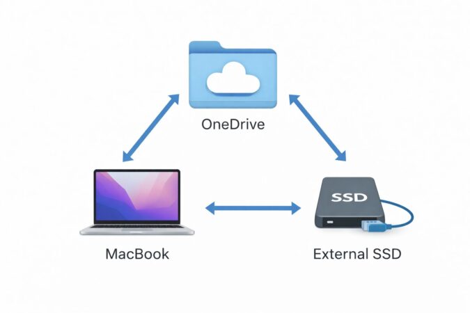 三位一体の運用図：OneDrive（軽い共有）＋Mac本体（作業中）＋外付けSSD（重いデータ・バックアップ）