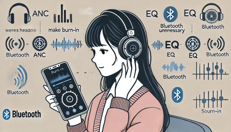ワイヤレスヘッドホンを調整しながらスマートフォンのEQ設定画面を見る日本人女性のイラスト。周囲にANC、EQ、Bluetoothなどのアイコンが描かれ、エージングが不要になりやすい機能を示している
