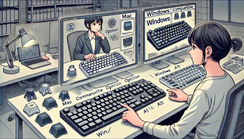 日本人ユーザーがWindowsとMac両対応のキーボード（例：Logicool MX KEYS）をテストしているイラスト。MacとWindows両方のキー刻印があるキーボードを使い比べ、清潔感のあるデスク環境で比較している様子が描かれている。