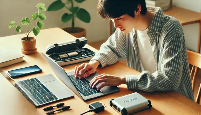 中古のMacBookを丁寧に確認する日本人ユーザー。バッテリーやポートの状態をチェックしつつ、周辺にハブやケースも配置された落ち着いた作業環境