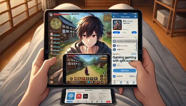 日本人ユーザーがiPadでゲームとチャットアプリを分割表示しながらプレイしており、操作が窮屈でやりにくそうな様子