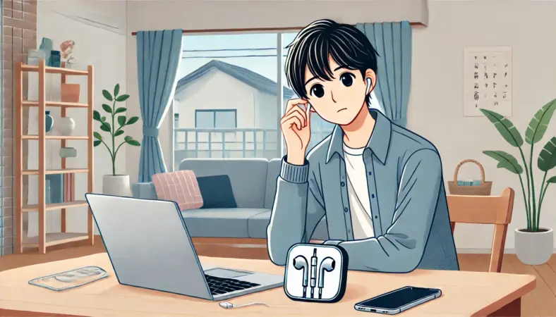 日本人の人物が自宅の机でノートパソコンやスマートフォンを使って、イヤホンの修理・交換についてサポートに相談している様子。耳元に手を当ててやや不安そうな表情で、デスクにはイヤホンとケースが置かれている。