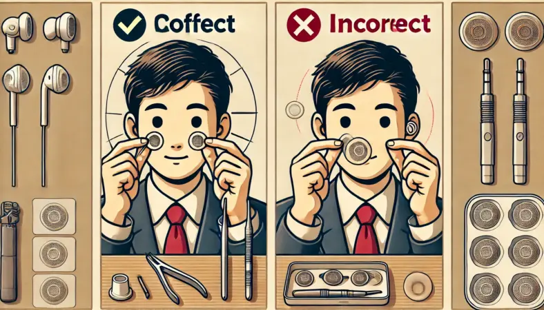 日本人の人物がイヤホンのフィルターを正しく貼った例と、ズレて貼ってしまった失敗例を比較して示すイラスト。机上にはピンセットやライトがあり、正しい中心合わせと失敗例の違いが明確に描かれている。