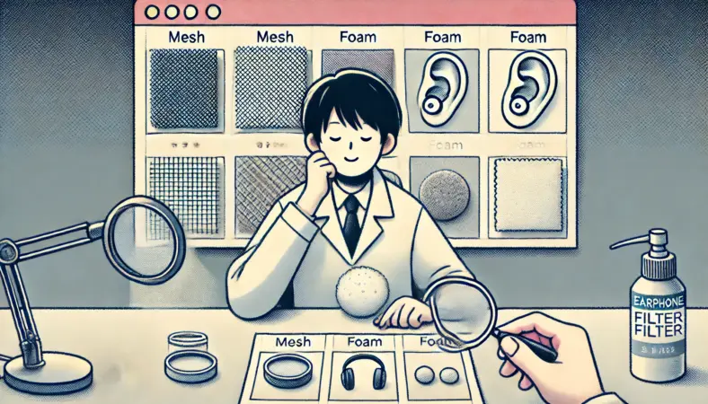 日本人の人物が、イヤホンフィルターの代用品としてメッシュ素材とフォーム素材を比較して選んでいる様子。机の上には素材サンプルと拡大鏡があり、慎重な素材選びの工程を表現したイラスト。