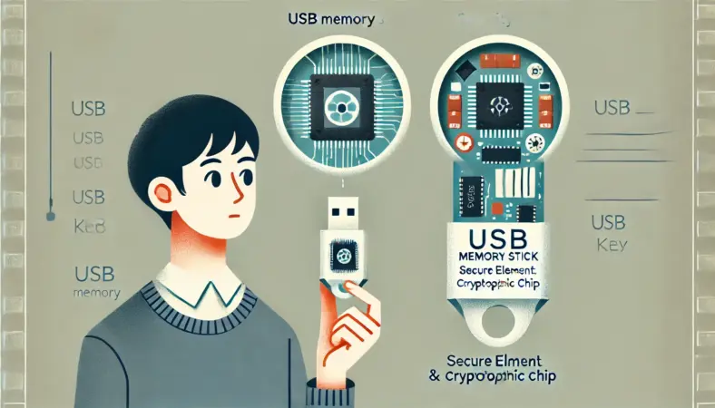 USBメモリとセキュリティキーの内部構造を比較し、チップの違いを観察する日本人のイラスト。テック系のデスク環境で描かれている。