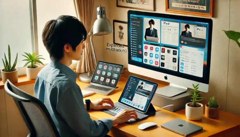 日本人ユーザーがiPadと外付けディスプレイを有線接続し、別々のアプリを表示してマルチタスク作業を快適に行っている様子