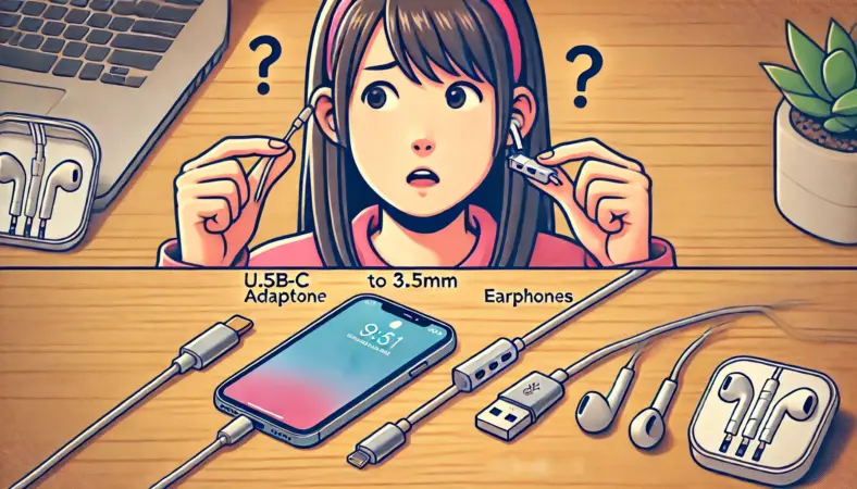 iPhone15と3.5mmイヤホンを手にした日本人が、代替手段としてUSB-CアダプタやBluetoothイヤホンを机に並べて検討しているイラスト