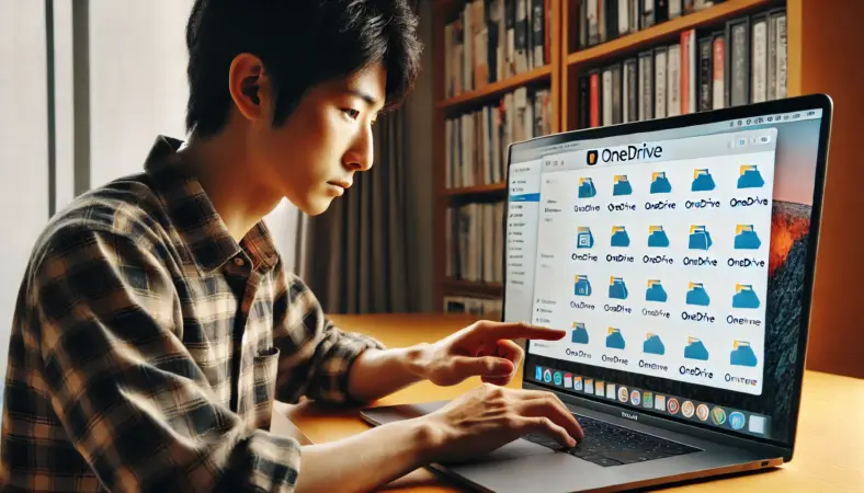 MacBookのFinderでOneDriveフォルダの保存先を確認している日本人男性。クラウドストレージのアイコンが並ぶFinderのサイドバーを操作しながら、保存先の場所を見極めている様子。