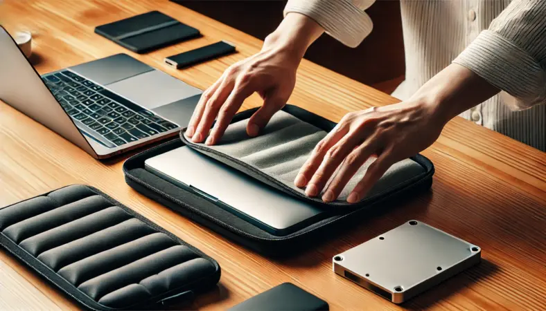 木製デスク上で、クッション性のある保護スリーブにMacBook風ノートを丁寧に収納する日本人ユーザー。周囲にスタンドやSSDがあり、モバイル利用への備えが整っている