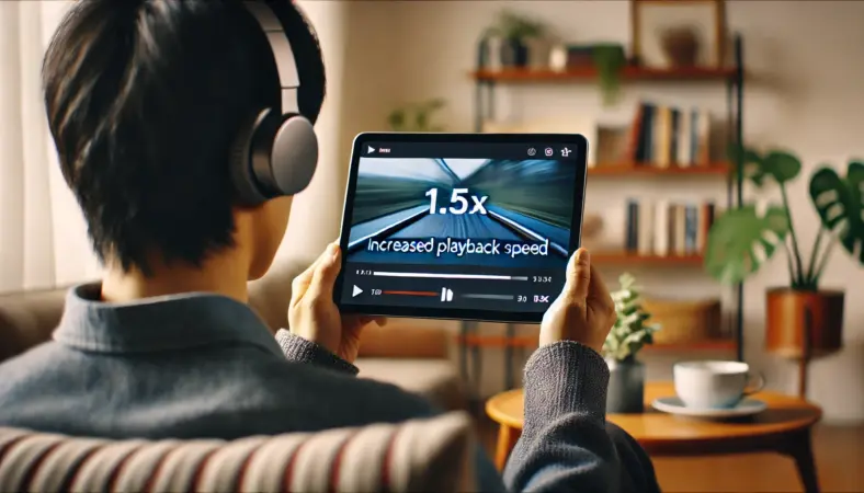 日本人ユーザーがiPadで動画を倍速再生しながら学習や情報収集をしている様子。イヤホンを装着し、現代的で落ち着いた環境に座って視聴しており、1.5倍速の再生を示す抽象的なメディアインターフェースが表示されている。
