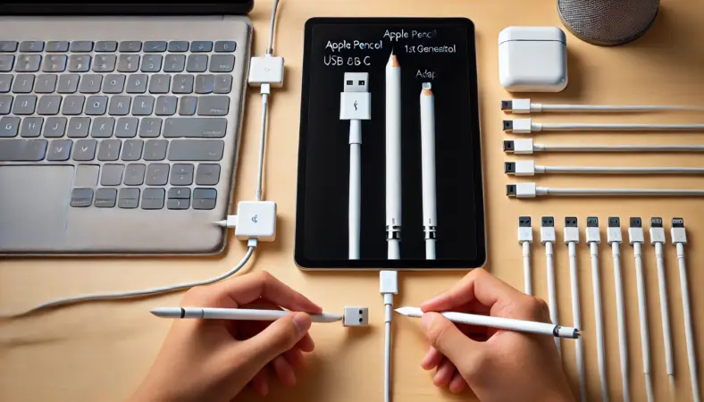 USB-CタイプのApple Pencilを直接ケーブルで充電し、1st世代はアダプタ経由で充電している日本人の整頓されたデスク上の比較シーン。